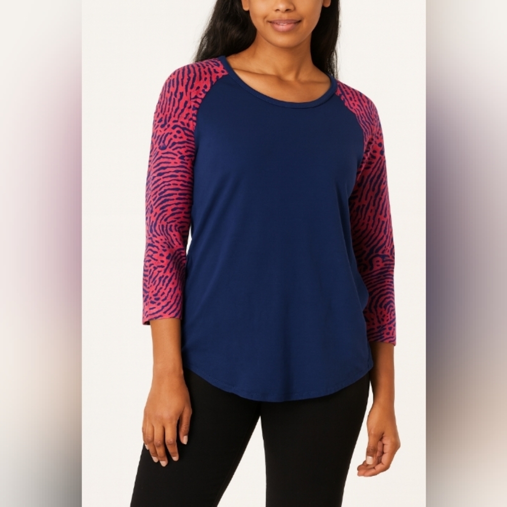 LuLaRoe Three Quarter Sleeve Tee Fingerpint Graphic Top Blue Pink Large